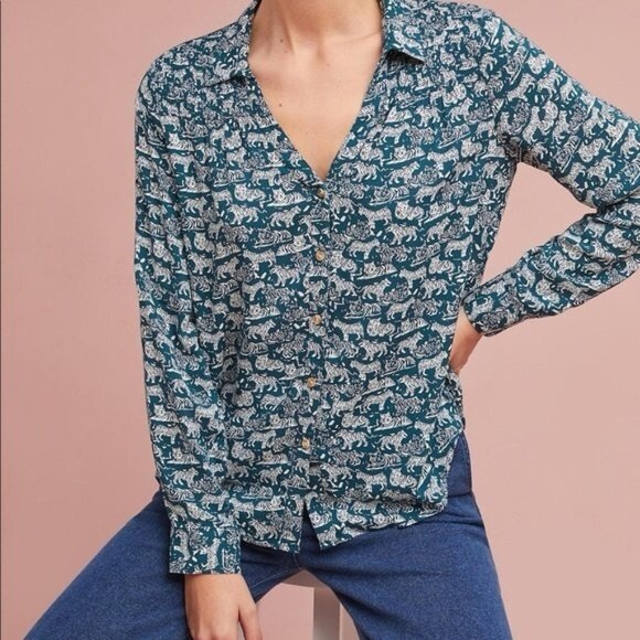 Anthropologie Maeve Teal and White Tiger Blouse - Picture 1 of 9
